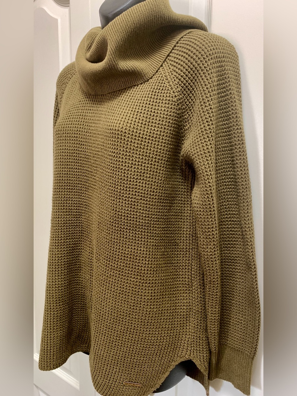 Cotton blend Waffle Knit Cowl Turtleneck Sweater in Olive Green by Michael Kors